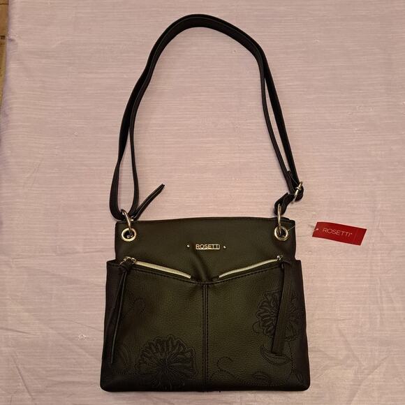 Rosetti Black Floral Stitched Crossbody Bag Double Zipper Adjustable Strap - Picture 10 of 13